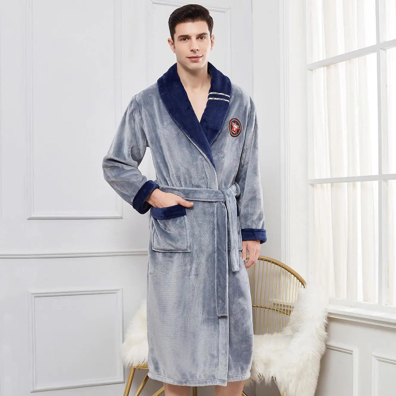 Peignoir de bain homme très grandes tailles gris col bleu