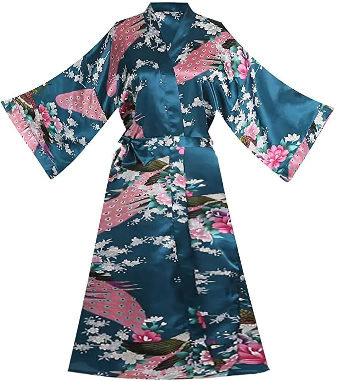 Peignoir kimono femme en satin bleu