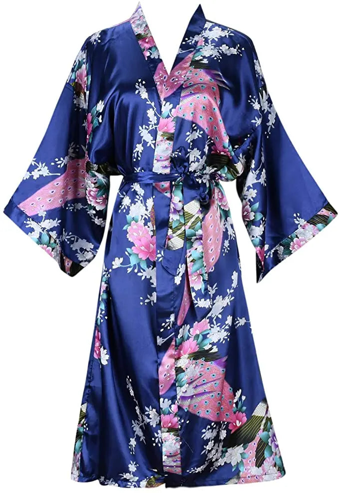 Peignoir kimono femme en satin bleu marine