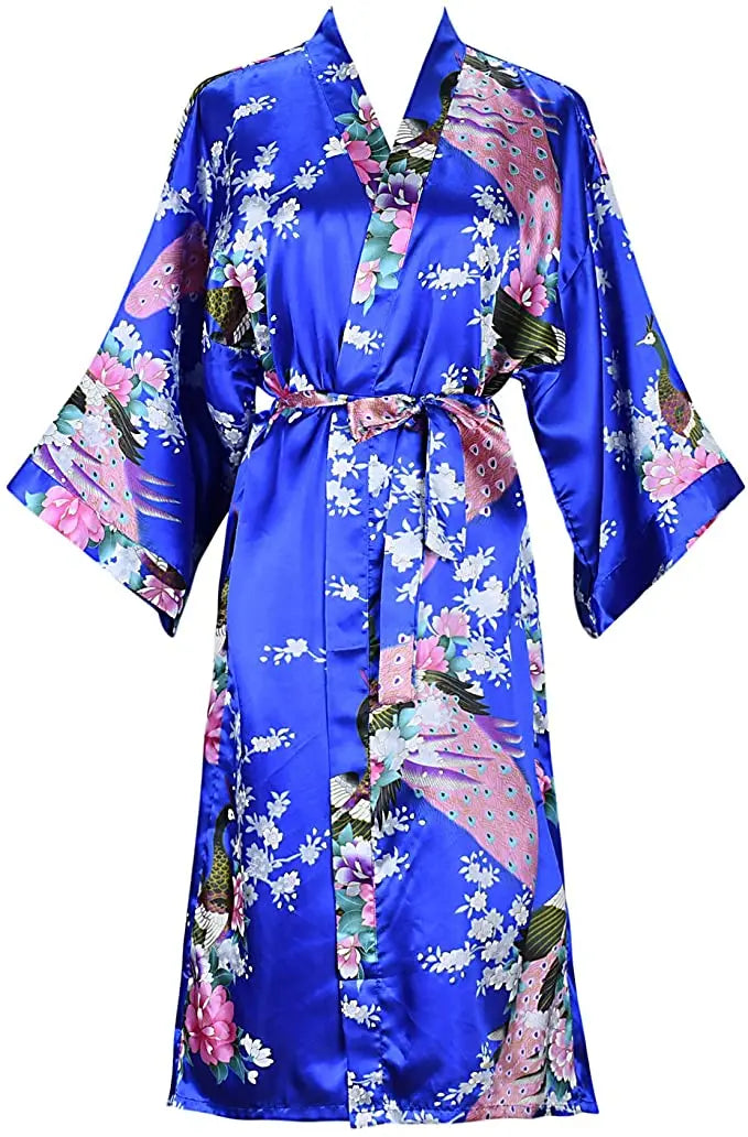 Peignoir kimono femme en satin bleu royal