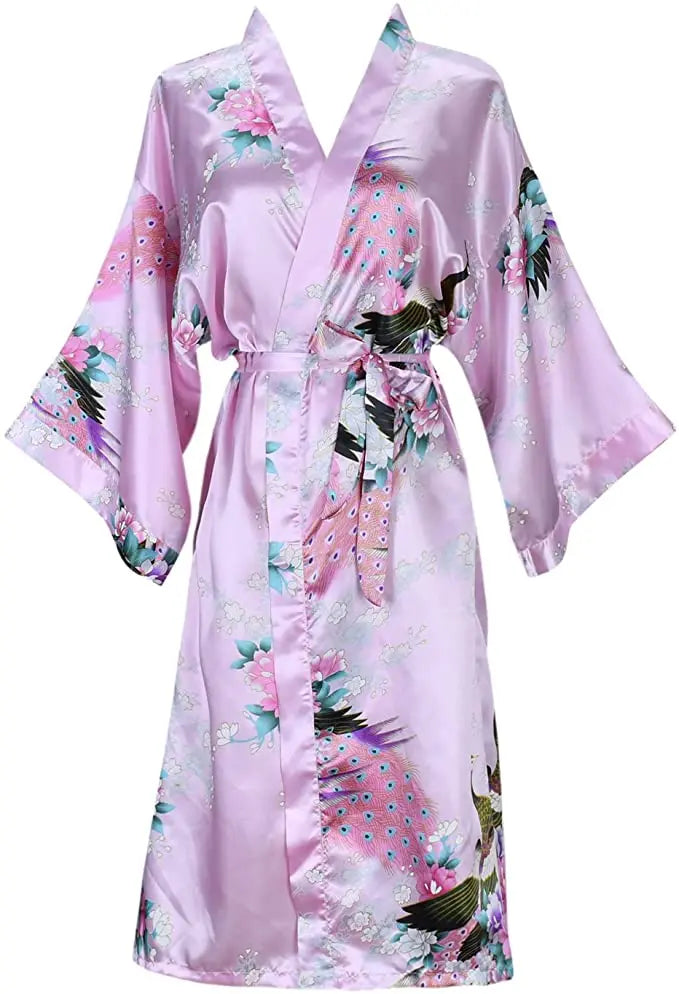 Peignoir kimono femme en satin rose clair