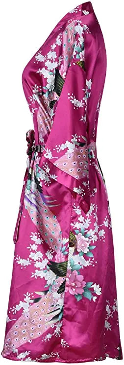 Peignoir kimono femme en satin rose fuchsia profil